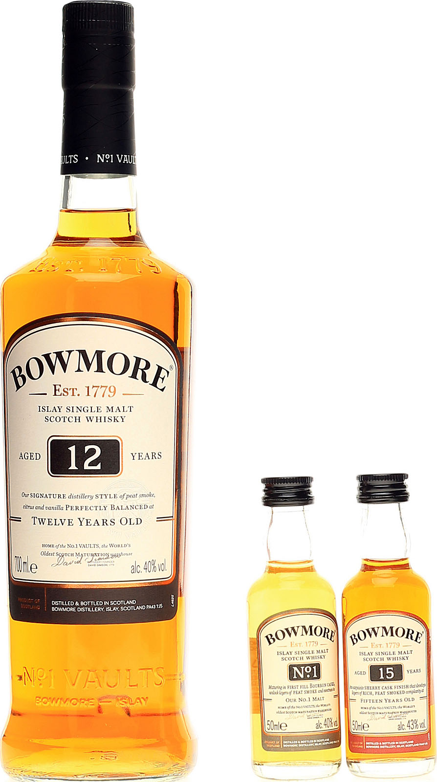 Bowmore 12 Jahre im Set mit Bowmore 15 und No.1 Vaults